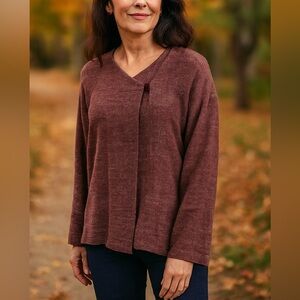 Eileen Fisher Vintage Linen Textured Cardigan Burgundy Maroon Medium